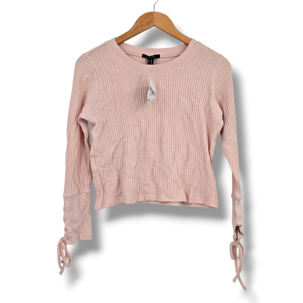 Forever 21 Womens Pink Waffle Knit Thermal Top Lace Up Cuffs Size M